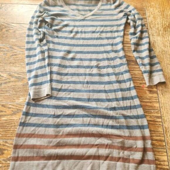 Peruvian Connection Pomata Sweater Dress Medium Taupe Brown Striped Pima Cotton - Picture 2 of 4